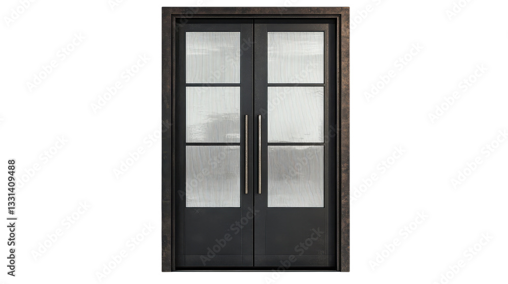 Fototapeta premium Elegant Double Doors: A Modern Architectural Statement with Glass Panels and Sleek Metal Frame, Perfect for Contemporary Homes and Buildings