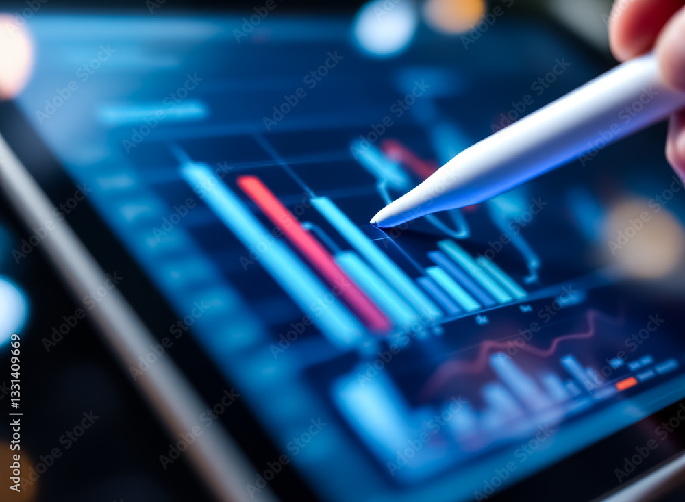 Fototapeta premium hand using stylus to navigate vibrant bar graphs on a digital tablet
