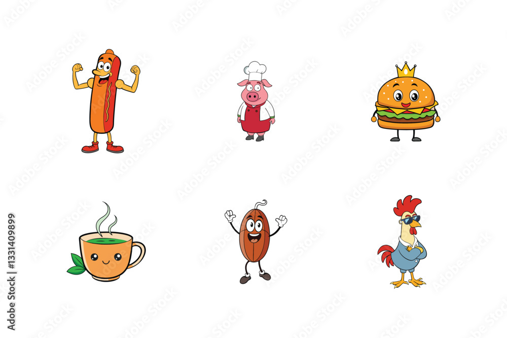 Fototapeta premium Fun Food Mascot Logos – BBQ Pig, Rooster, Tea Cup, Coffee, Hot Dog, Burger