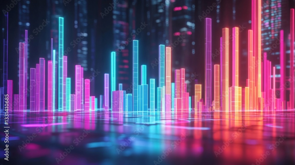 A D bar chart in vibrant colors representing financial growth, with glowing data points and a futuristic digital background in a business setting. A D bar chart in vibrant colors representing financial growth, with glowing data points and a futuristic digital background in a business setting.