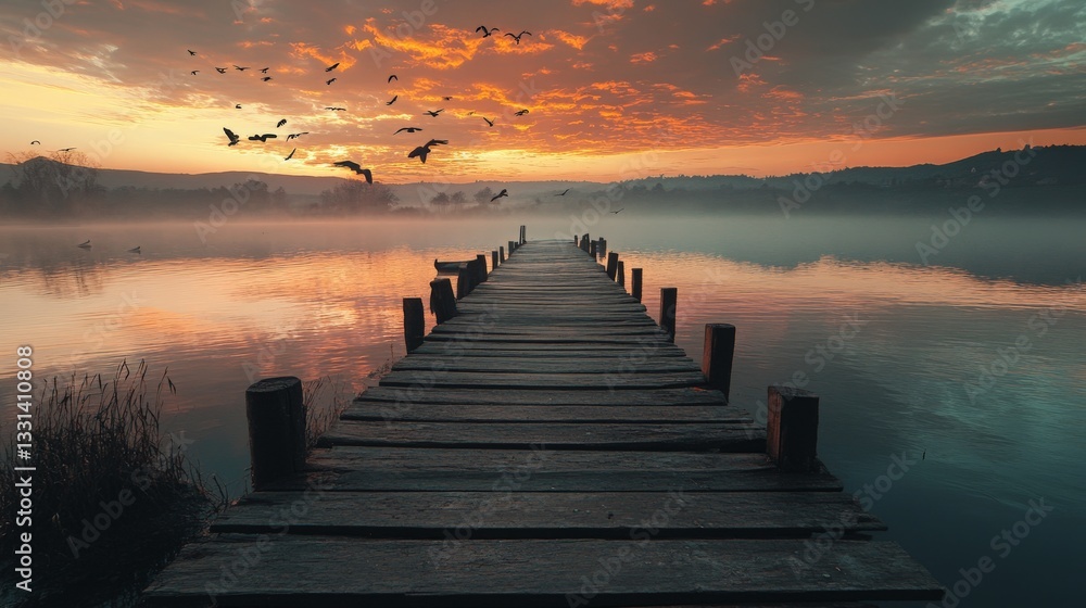 Fototapeta premium Misty sunrise over a lake with a wooden dock stretching out to the horizon.