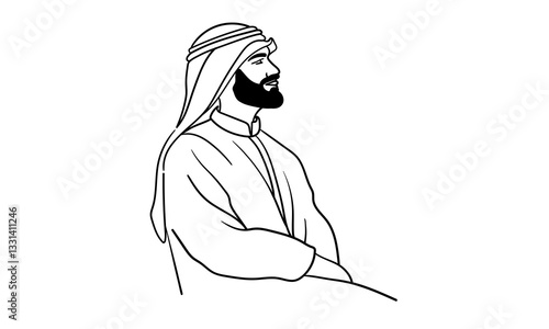 Emirati man in traditional clothes, continuous line art drawing. Muslim in a hijab. Vector illustration isolated on white background.