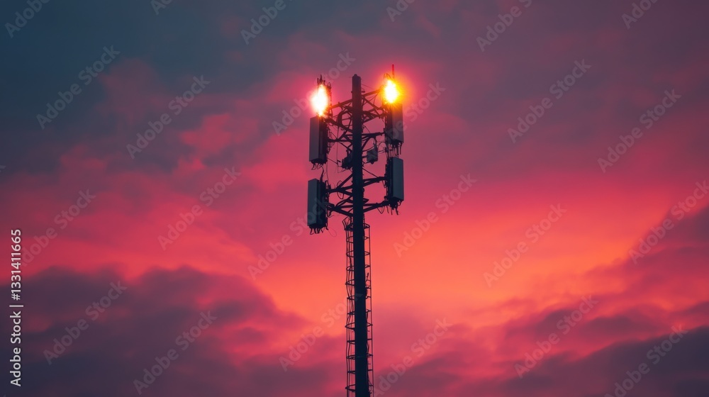 A captivating image of a cell phone tower at dusk, illuminated by soft lights, creating a beautiful contrast against the darkening sky. A captivating image of a cell phone tower at dusk, illuminated by soft lights, creating a beautiful contrast against the darkening sky.