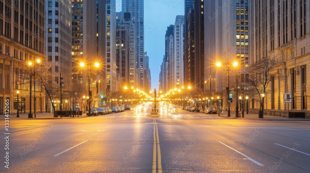 Fototapeta premium A city intersection illuminated by tall streetlights, with reflections of the lights on the empty streets during a calm, late-night scene.