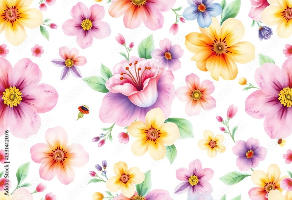 Delicate watercolor & pastel spring flower seamless pattern on white background, fabric, springtime Delicate watercolor & pastel spring flower seamless pattern on white background, fabric, springtime
