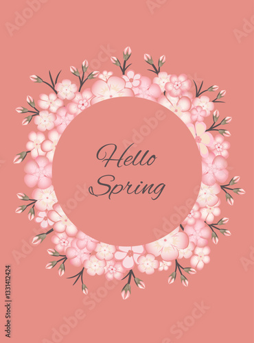 Spring background with blossoming sakura branch, branch of blossoming Japanese cherry on pink background. Vertical format A4.