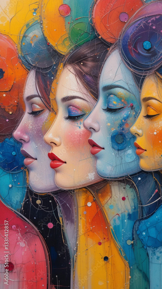 Obraz premium Diverse female profiles artfully portrayed in vibrant abstract colors
