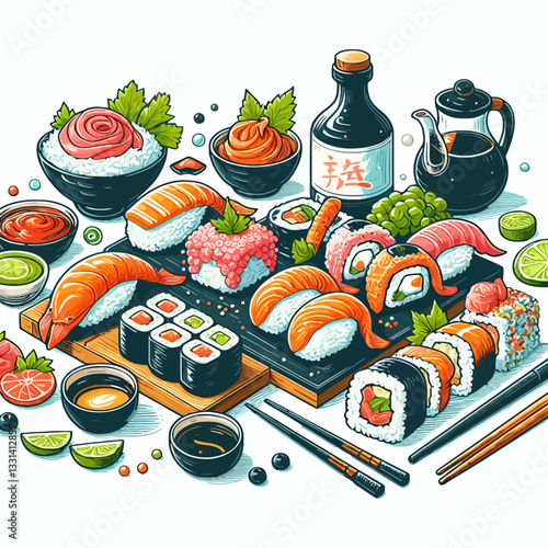 寿司キッチンのロゴイラストが、カラフルなベクターデザインスタイルで、透明で独立したクリップアート背景にベクター形式で描かれており、ブランディングや美食プロジェクトに最適です。
