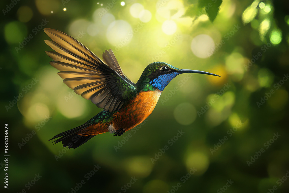 Naklejka premium A vibrant hummingbird in flight, showcasing iridescent green, blue, and orange plumage against a sunlit, bokeh-filled green background.