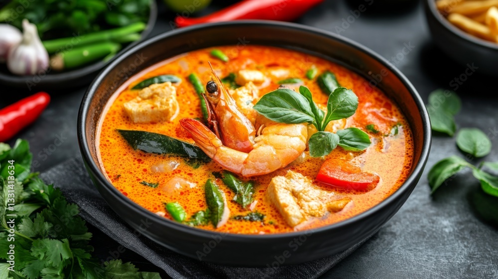 A close-up view of a bowl of khanom jeen with a creamy coconut curry sauce, surrounded by an assortment of fresh vegetables and herbs, highlighting the dishs vibrant colors. A close-up view of a bowl of khanom jeen with a creamy coconut curry sauce, surrounded by an assortment of fresh vegetables and herbs, highlighting the dishs vibrant colors.