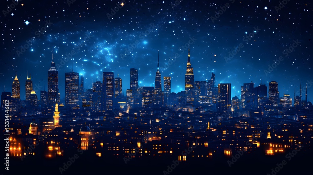 Fototapeta premium Night City Skyline Under Starry Sky