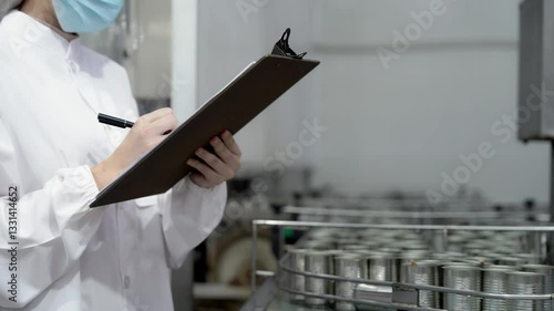 A female quality control supervisor or food technician is checking an automated production system in a ready-to-eat food manufacturing plant.