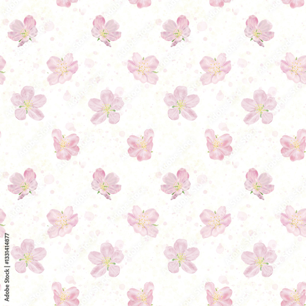 Obraz premium Delicate pink flower, white petals and yellow stamens, seamless pattern. Watercolor digital illustration. Japanese sakura and branches of blossoming cherry and apple tree isolated on white background.