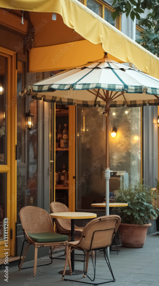 Fototapeta premium relaxing outdoor cafe setting with umbrella and wicker chairs