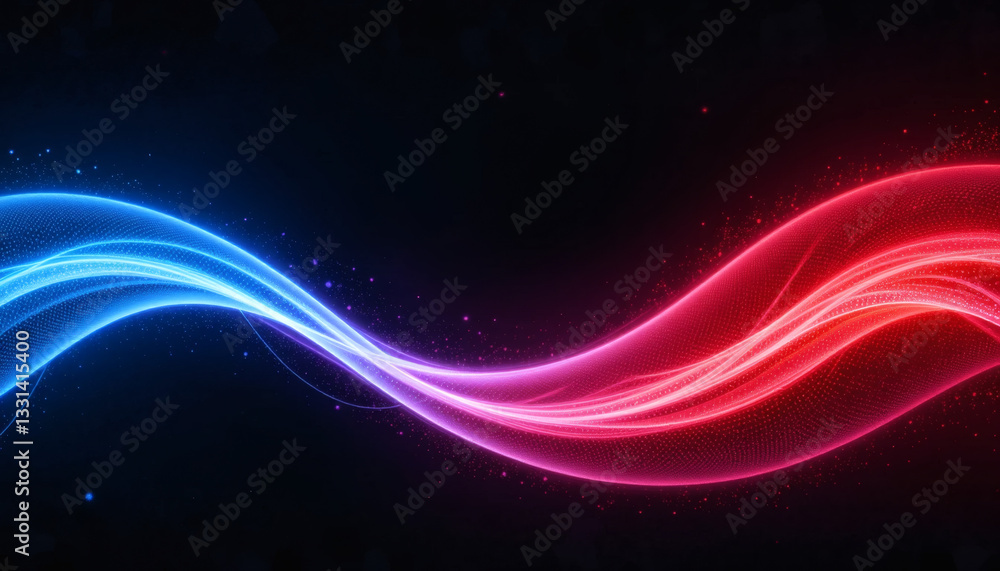 Fototapeta premium Glowing Color Gradient in Red, Blue, and Black, Shaped Into a Wave with Noise Texture, Layered Over a Grainy Dark Backdrop