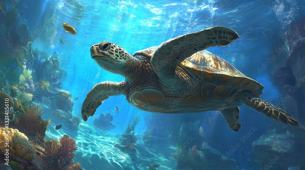 Obraz premium A dynamic shot of a sea turtle swimming upwards towards the surface, with vibrant coral and marine life in the background, capturing the essence of ocean exploration.