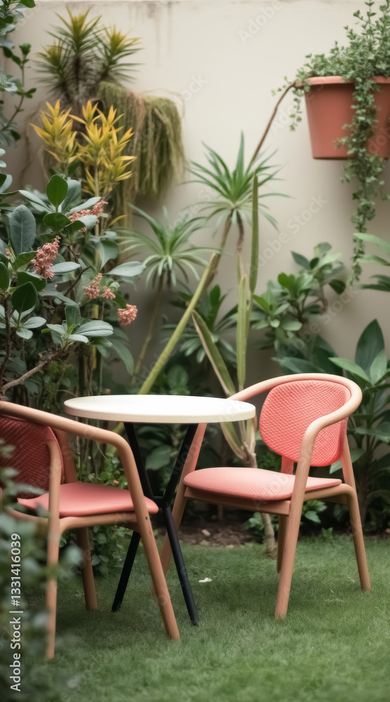 Obraz premium two coral chairs and a small round white table in a setting