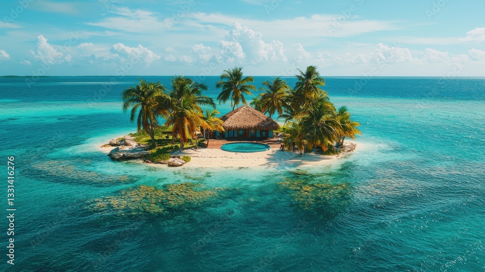 Obraz premium A tropical island with palm trees and a thatched hut surrounded by clear blue water and a vibrant sky.