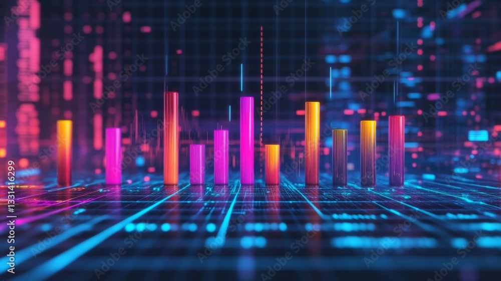 A futuristic financial D bar graph showing rising bars in bright colors, floating against a digital grid background with financial symbols. A futuristic financial D bar graph showing rising bars in bright colors, floating against a digital grid background with financial symbols.