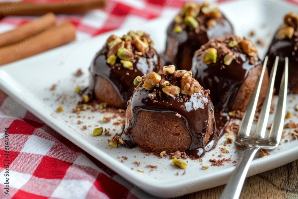 Delicious Chocolate Cakes with Pistachios and Walnuts on White Plate Delicious Chocolate Cakes with Pistachios and Walnuts on White Plate