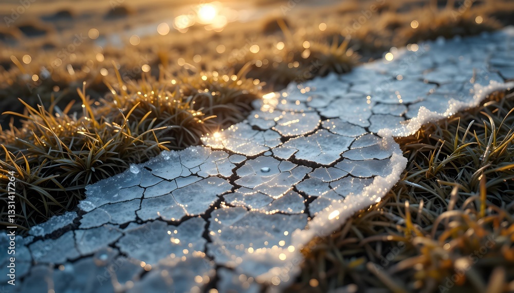 Close-up of a thin ice layer on grass, with cracks forming as sunlight filters through. The golden light highlights textures, creating a contrast between frost and warmth. Close-up of a thin ice layer on grass, with cracks forming as sunlight filters through. The golden light highlights textures, creating a contrast between frost and warmth.