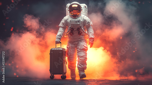 Astronaut walking with a suitcase in the smoke. Mixed media