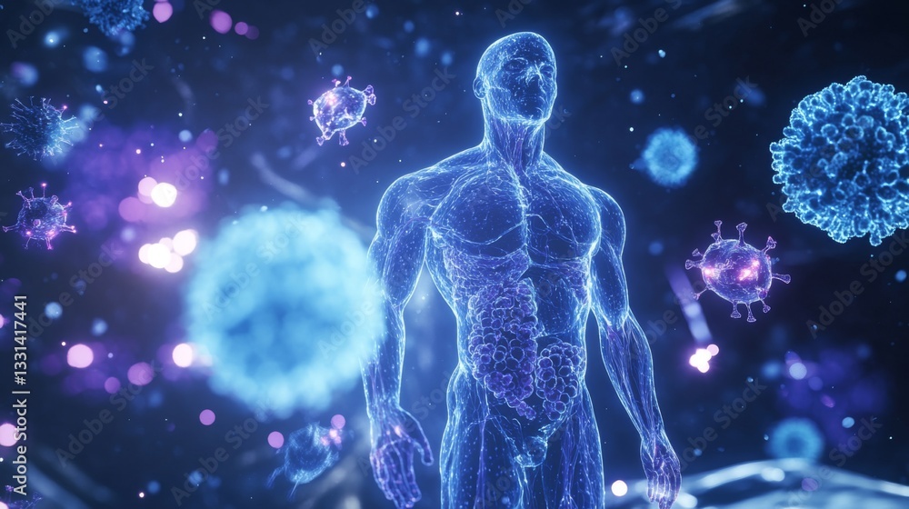 A medical visualization of the human immune system, featuring lymph nodes, white blood cells, and antibodies circulating in the body. A medical visualization of the human immune system, featuring lymph nodes, white blood cells, and antibodies circulating in the body.