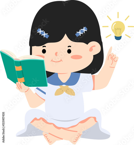 Quadro su tela Kid reading book with idea lamp flat