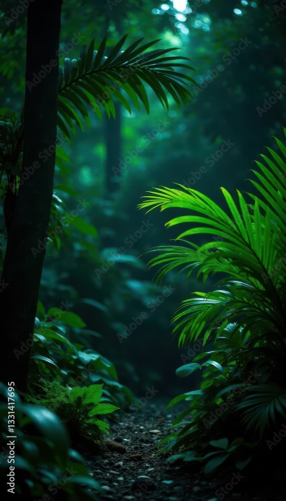 Deep green palm fronds illuminated, jungle garden at night , vibrant green, dark Deep green palm fronds illuminated, jungle garden at night , vibrant green, dark