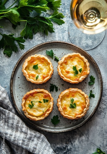 Wallpaper Mural Savory Cheese Tarts with Fresh Parsley Served on Rustic Plate Surrounded by Herbs and Glass of White Wine Ready for Elegant Dining Experience Torontodigital.ca