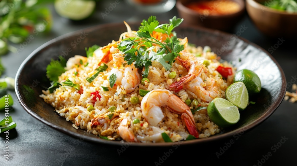 A mouthwatering display of fried rice with seafood, garnished with herbs and served with lime wedges, capturing the essence of a delicious Thai meal. A mouthwatering display of fried rice with seafood, garnished with herbs and served with lime wedges, capturing the essence of a delicious Thai meal.