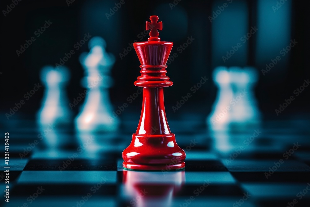 Red Chess King Dominating on the Chessboard with Blurred Pieces Red Chess King Dominating on the Chessboard with Blurred Pieces