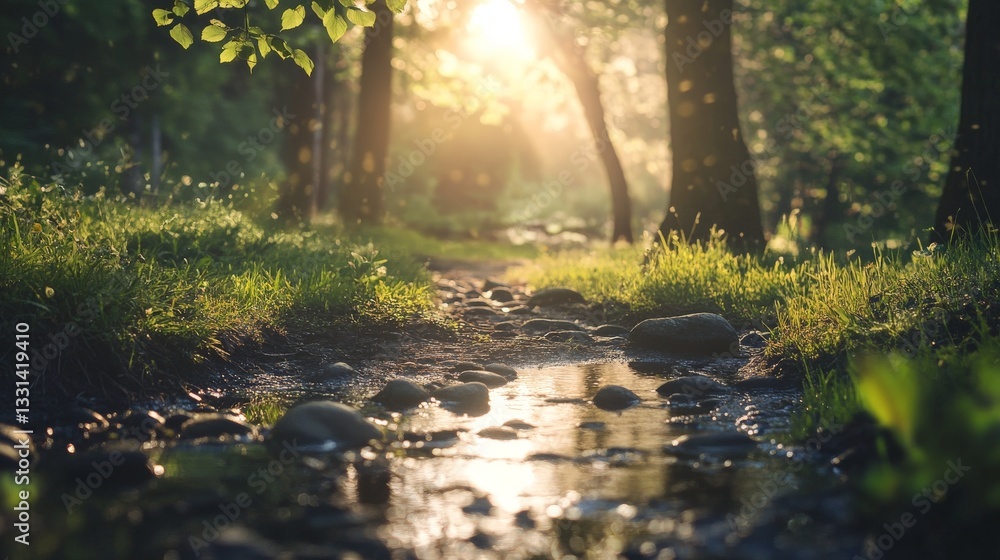 A stream flows through a forest, sunlight shining through the trees. A stream flows through a forest, sunlight shining through the trees.