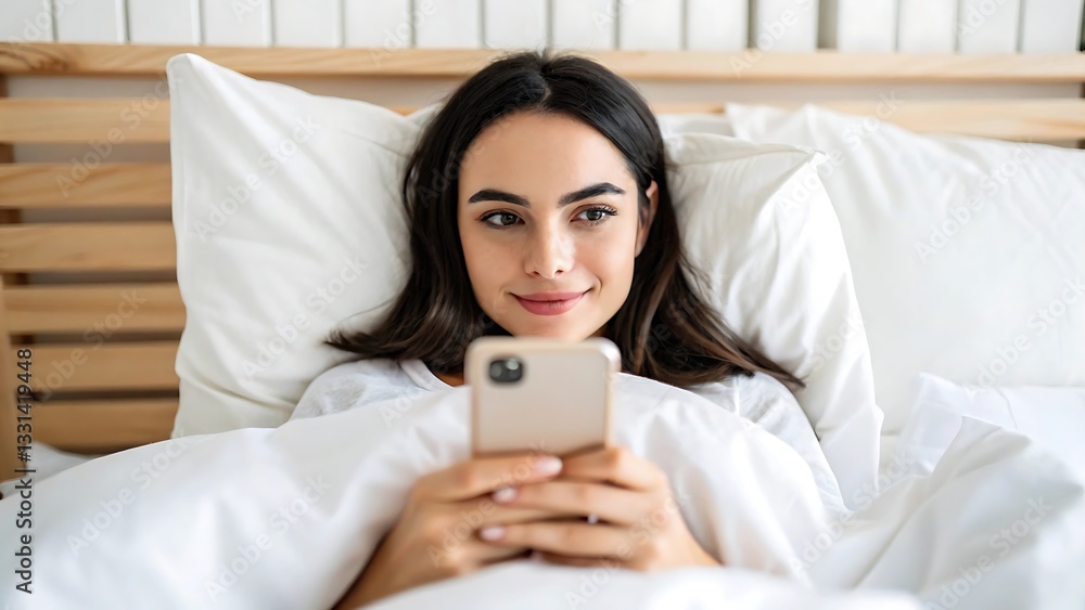 Woman uses smartphone in bed morning leisure comfortable bedding relaxing technology digital lifestyle Woman uses smartphone in bed morning leisure comfortable bedding relaxing technology digital lifestyle