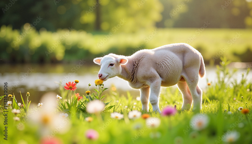 Gentle Lamb Grazing Among Wildflowers by a Tranquil River in Warm Sunlight