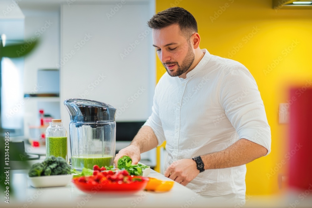 Man making a healthy green smoothie with broccoli, strawberries, and other fresh ingredients in his modern kitchen. Man making a healthy green smoothie with broccoli, strawberries, and other fresh ingredients in his modern kitchen.