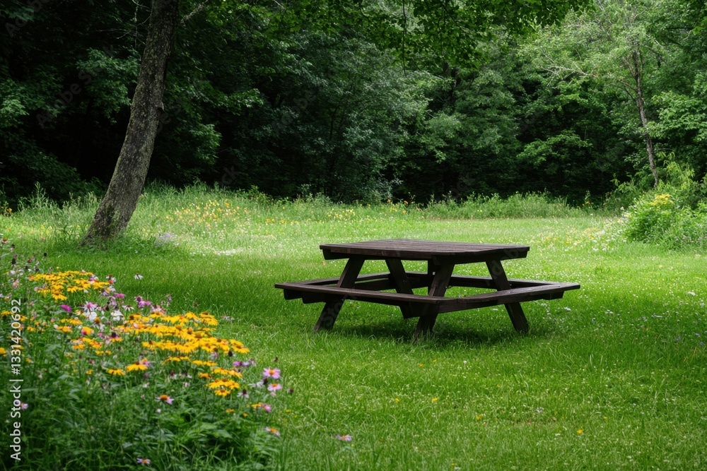 Relaxing picnic table set on lush green grass amidst flowers in a serene outdoor park ideal for family gatherings and nature lovers Relaxing picnic table set on lush green grass amidst flowers in a serene outdoor park ideal for family gatherings and nature lovers