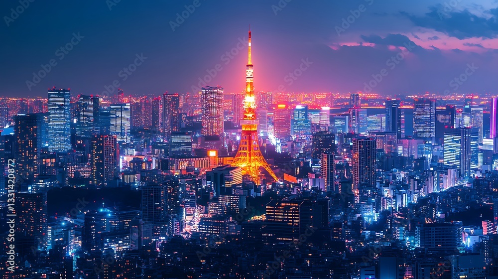 Fototapeta premium Neon glow illuminating modern cityscape with tall towers high resolution picture