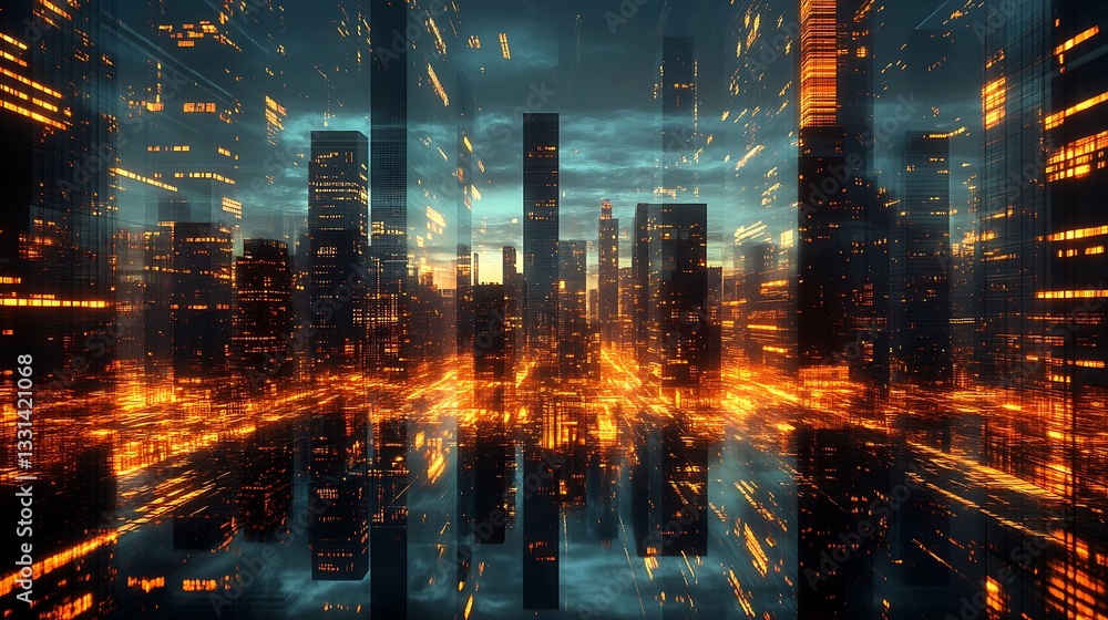 Fototapeta premium Neon glow over modern cityscape with tall towers high resolution picture