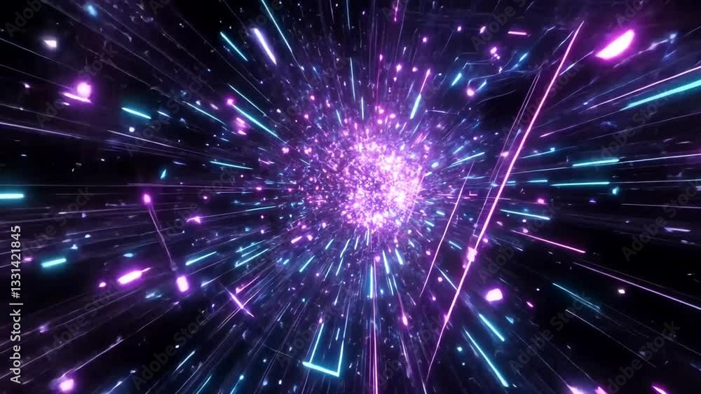 Abstract space flight animation with digital neon light streaks and colorful particles Abstract space flight animation with digital neon light streaks and colorful particles