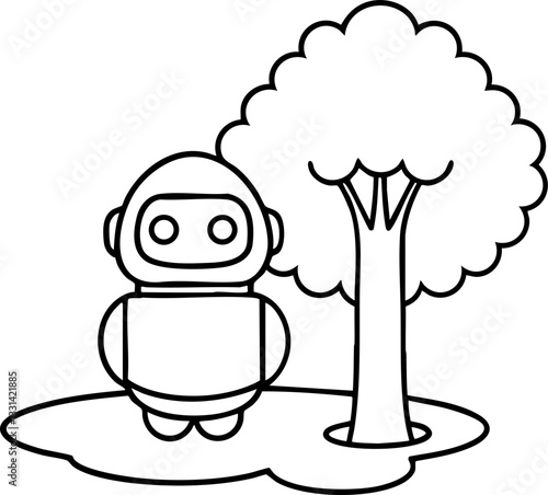 A cute robot standing beside a tree in a simple line drawing style.