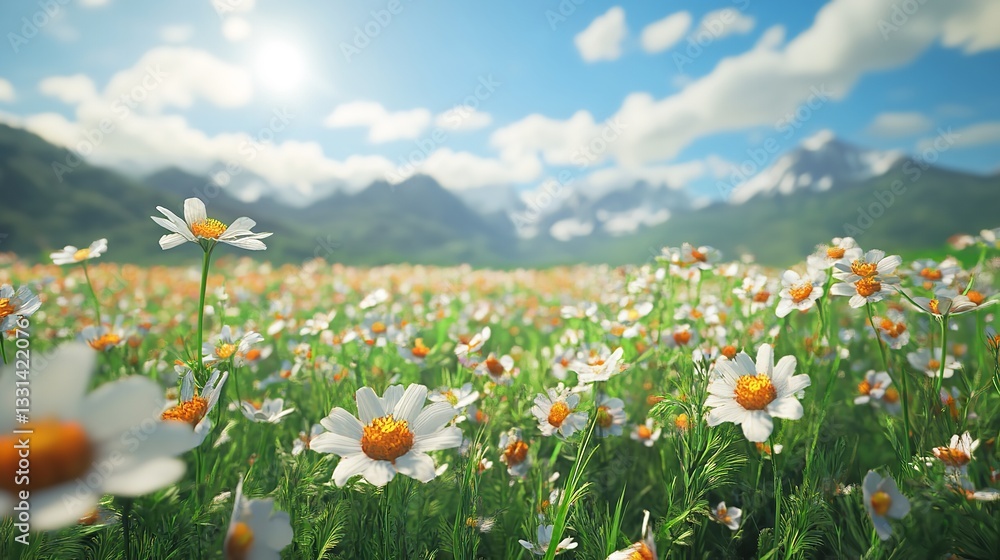 A Stunning Field of White Flowers Against a Mountain Scenery A Stunning Field of White Flowers Against a Mountain Scenery