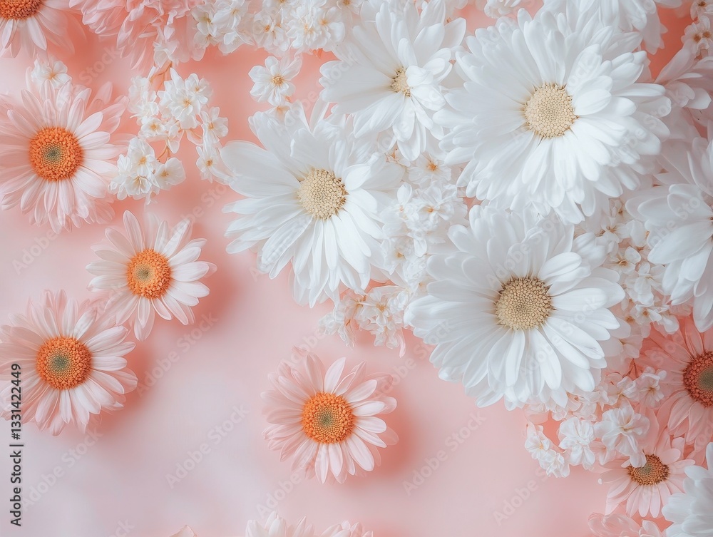 Soft Pink Background with Fresh White Daisies and Delicate Small Flowers for Spring and Summer Floral Composition Soft Pink Background with Fresh White Daisies and Delicate Small Flowers for Spring and Summer Floral Composition