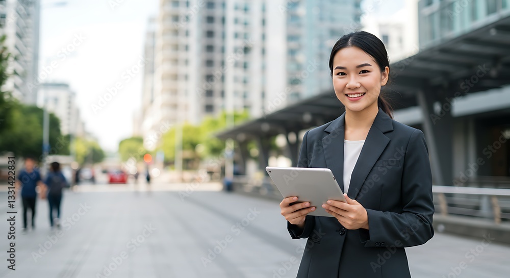 Smiling young Asian business woman leader entrepreneur, professional manager holding digital tablet standing on the street in big city on sky background. Smiling young Asian business woman leader entrepreneur, professional manager holding digital tablet standing on the street in big city on sky background.