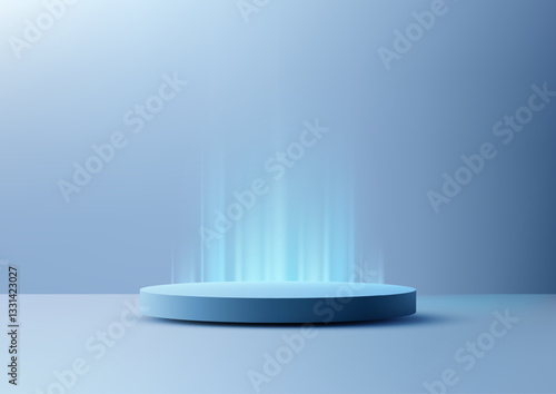 modern 3d blue cylinder podium with light rays, technology concept for product display mockup