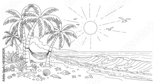 Tropical beach with palm trees, hammock, seashells, starfish, and ocean waves under the sun. Black and white coloring page for adults.