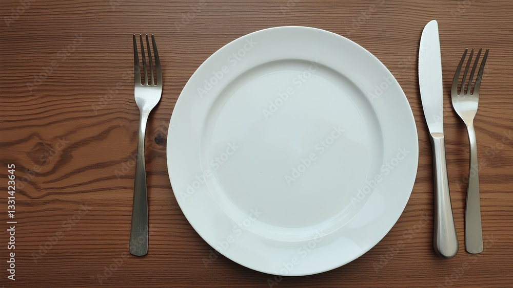 A minimalist table setting with a white plate, knife, and fork arranged symmetrically on a brown wooden surface, evoking simplicity and sophistication. A minimalist table setting with a white plate, knife, and fork arranged symmetrically on a brown wooden surface, evoking simplicity and sophistication.