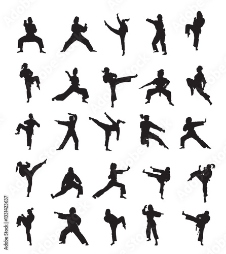 set of silhouettes of martial art woman