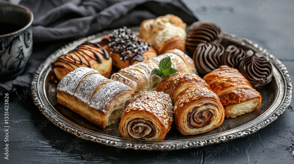 Silver platter with a variety of pastries on it. there are nine pastries in total, arranged in a circular pattern on the platter. the pastries are golden brown in color and have a flaky texture. Silver platter with a variety of pastries on it. there are nine pastries in total, arranged in a circular pattern on the platter. the pastries are golden brown in color and have a flaky texture.