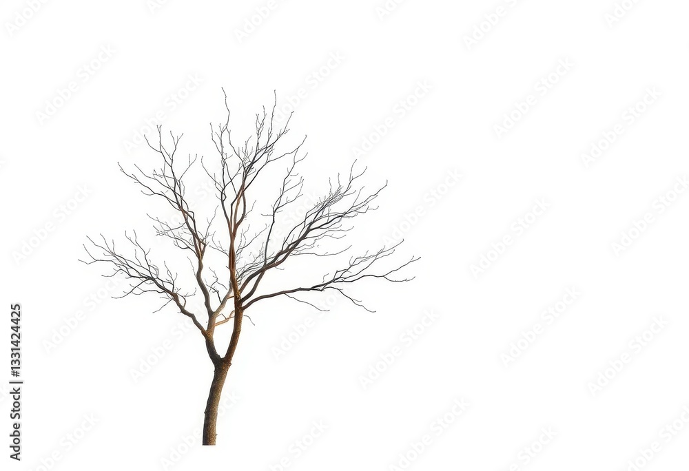 Lone deciduous tree, stark branches against pure white backdrop, root, fall Lone deciduous tree, stark branches against pure white backdrop, root, fall